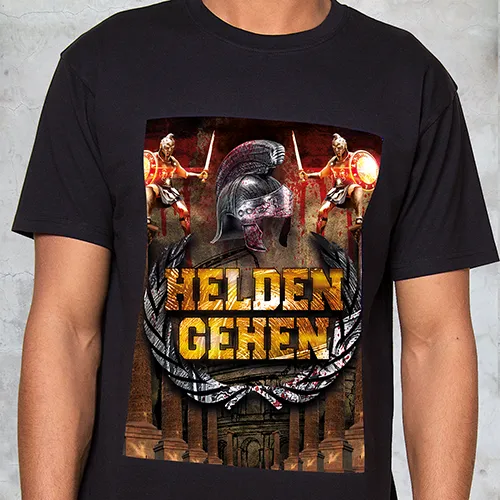 Zwei fantasy Krieger in Rüstungen neben einem alten Helm und saulen, mit dem Text "HELDEN GEHEN".