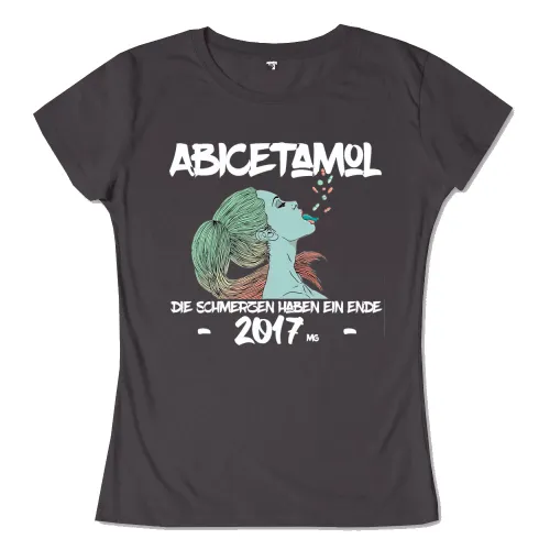 Profil einer Frau, die farbige Tabletten schluckt, mit Text "ABICETAMOL DIE SCHMERZEN HABEN EIN ENDE 2017".
