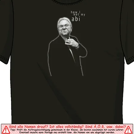 Schwarzes T-Shirt mit einem aufgedruckten Bild eines älteren Mannes im Anzug und dem Text "how I met my abi" oben.