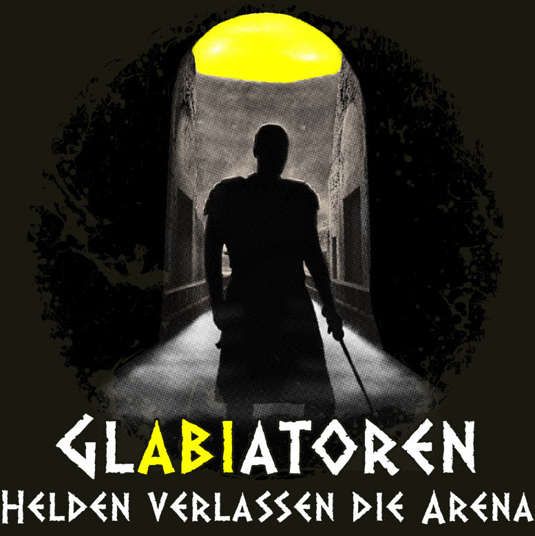 Silhouette eines Gladiators mit Schwert in einem beleuchteten Tunnel.
