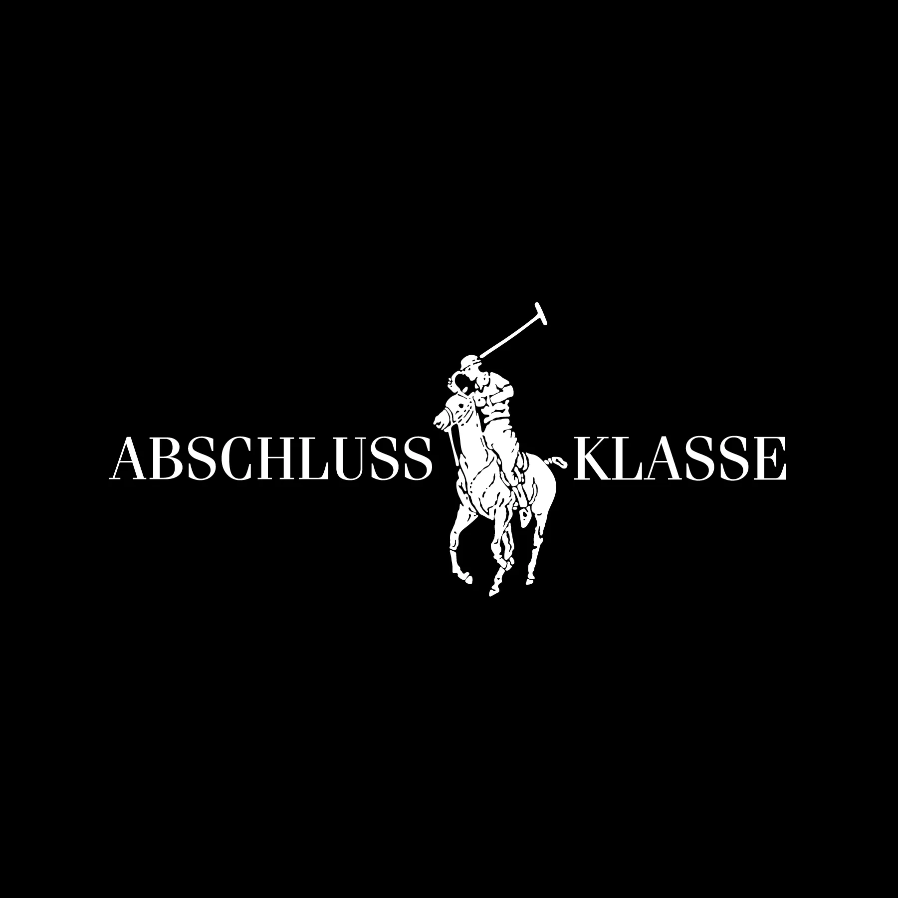 Logo mit weisser Silhouette eines Polo spielers mit Schlaeger auf Pferd zwischen den Worten ABSCHLUSS KLASSE vor schwarzem Hintergrund