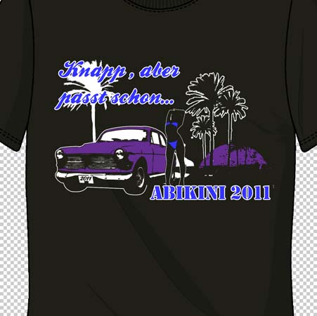 Schwarzes T-Shirt mit Grafik eines Autos, Palmen, stehender Person und Text "Knapp, aber passt schon... ABIKINI 2011".