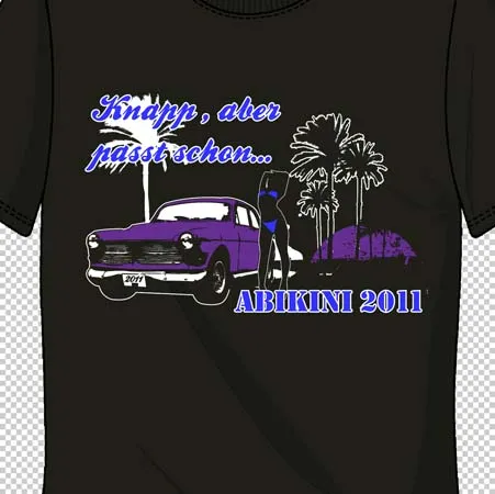 Schwarzes T-Shirt mit Grafik eines Autos, Palmen, stehender Person und Text "Knapp, aber passt schon... ABIKINI 2011".