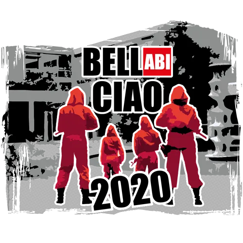 Vier Personen in roter Kleidung mit Kapuzen stehen vor einem Gebäude, über ihnen ein Schild mit "ABI".