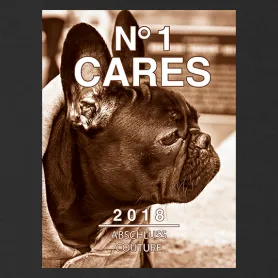 Profilansicht einer französischen Bulldogge in Sepia, Datum 2017 und Text "NO1 CARES" darüber.