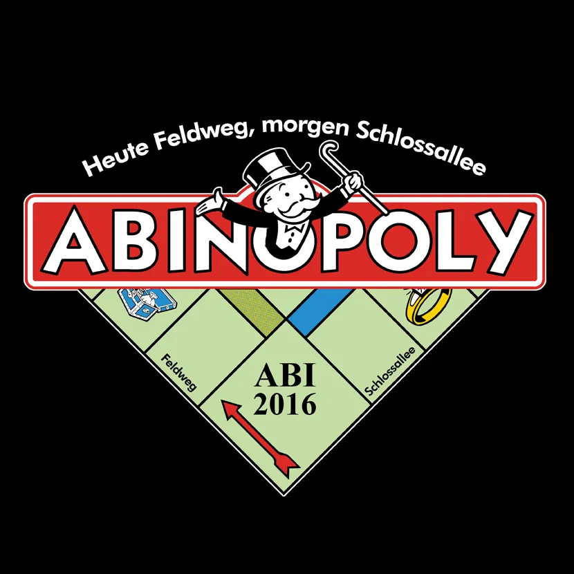 Illustration im Stil eines Brettspiels, "Abinopoly" Text, Monopoly-Mann, roter Richtungspfeil, 2016.