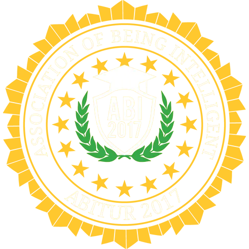 Logo der "Association of Being Intelligent, Abitur 2017" mit goldenem Kranz auf blauem Grund.