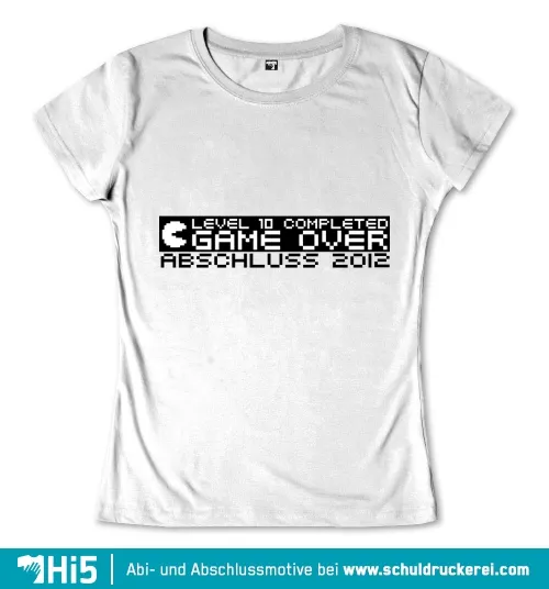 Schwarzer Text "Level 10 Completed Game Over Abschluss 2012" auf grauem Hintergrund.