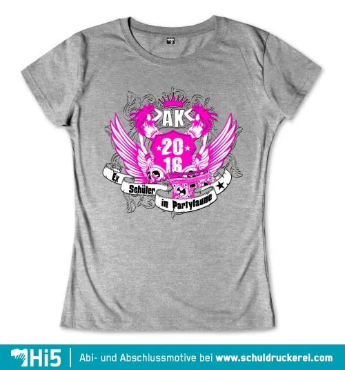 Grafik mit der Aufschrift "AK 20 16 Ex Schüler in Partylaune", umgeben von Flügeln und Sternen auf grauem Hintergrund.