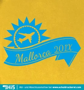 Schwarze Grafik mit einem Flugzeug innerhalb eines Sonnensymbols und dem Text 'Mallorca 201x' auf einem Banner.