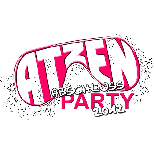 Grafik mit Text "Atzen Abschluss Party 2021" in leuchtend rotem und weißem Design auf schwarzem Hintergrund.
