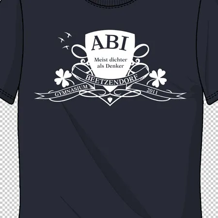 Schwarzes T-Shirt mit weißem "ABI" Druck, Schriftzug und floralen Mustern.