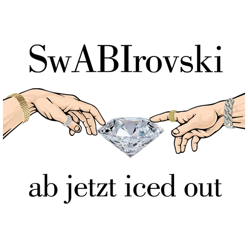 Zwei Hände mit goldenen Armbändern, die einen großen Diamanten halten.