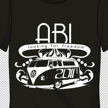 Schwarzes T-Shirt mit einem weißen Aufdruck eines VW-Busses, über dem "ABI 2011 looking for freedom" steht.