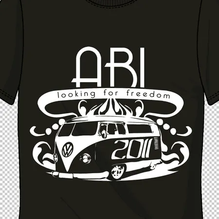 Schwarzes T-Shirt mit einem weißen Aufdruck eines VW-Busses, über dem "ABI 2011 looking for freedom" steht.