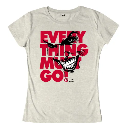 Rot-schwarzes Grinsen mit "EVERYTHING MUST GO" Text auf grauem Hintergrund.