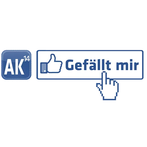 Blauer Hintergrund mit einem "Gefällt mir"-Button, AK14 und Mausklicksymbol.