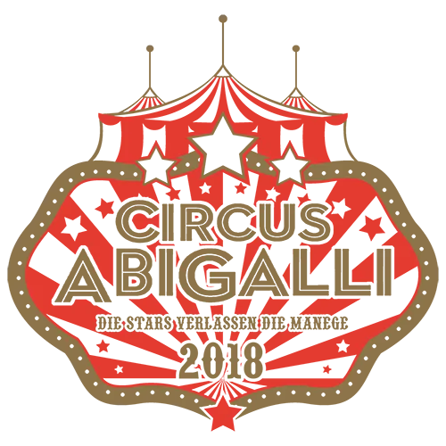 Rote und orange Zirkus-Grafik mit Text "Circus Abigalli 2018" und "Die Stars verlassen die Manege".