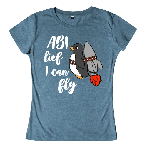 Illustration eines Pinguins mit einem Raketenrucksack auf blauem Hintergrund.