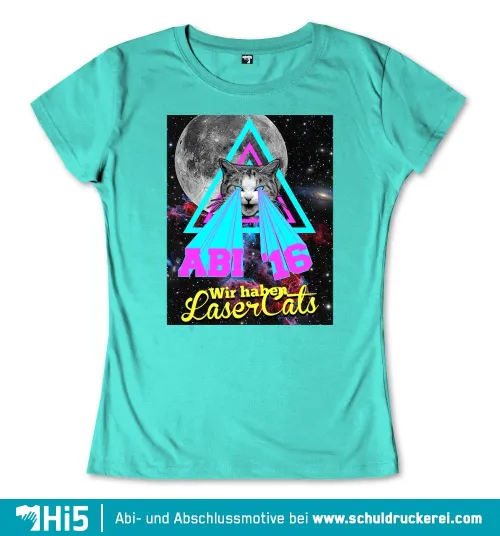 Illustration einer Katze mit Laserstrahlen vor einem Mond und Dreiecken, Text 'ABI 16 Wir haben LaserCats'.