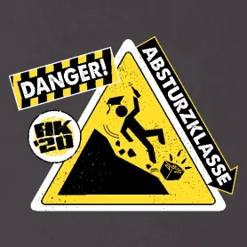 Gelbes Warnschild 'DANGER' mit Symbol für Absturzgefahr und Text 'ABSTURZKLASSE'.
