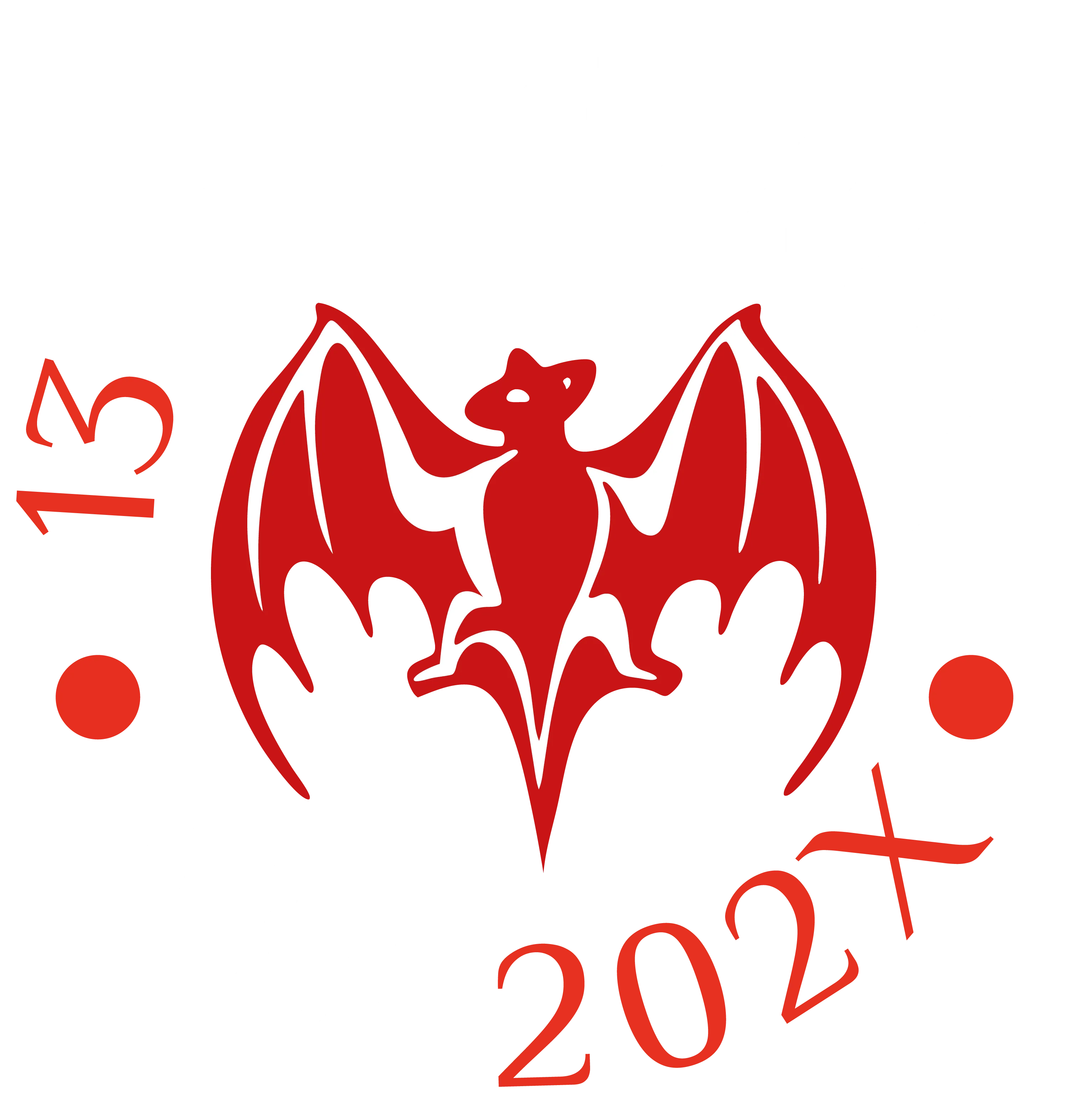 Rotes Fledermauslogo auf schwarzem Hintergrund umgeben von Text 13 Jahre Rum und ABI 202X