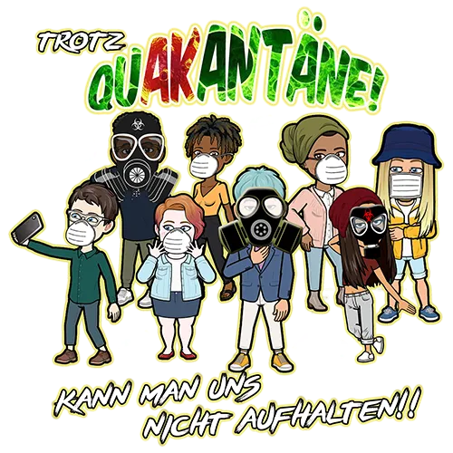 Gruppe von Cartoon-Figuren in verschiedener Kleidung und Masken vor grauem Hintergrund.
