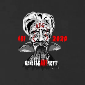 Schwarz-weißes Grafikbild eines Gesichts mit Bart und einer Menschenmenge als Körper, rote Textelemente 'ABI', 'ASC', '2020'.