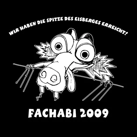 Fachabi_2009_Shirt_Design Comicfigur hält zerbrochene Eisschollen, Text "Wir haben die Spitze des Eisberges erreicht!" und "Fachabi 2009".