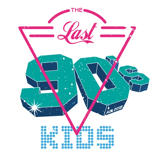 Design eines T-Shirts mit der Aufschrift "THE LAST 90s KIDS" in einem neongefärbten Dreiecksrahmen.