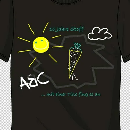 t-shirt_design_sonnensymbol_und_text 10 Jahre Stoff mit einer Tüte fing es an design
