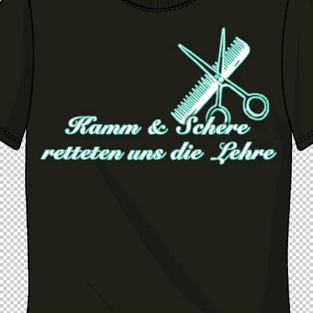 Schwarzes T-Shirt mit neonblauen Grafiken von Kamm und Schere sowie Text "Kamm & Schere retteten uns die Lehre".