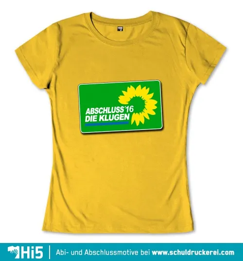 Grünes Schild mit gelber Sonnenblume und Text "Abschluss '16 Die Klugen" auf gelbem Hintergrund.