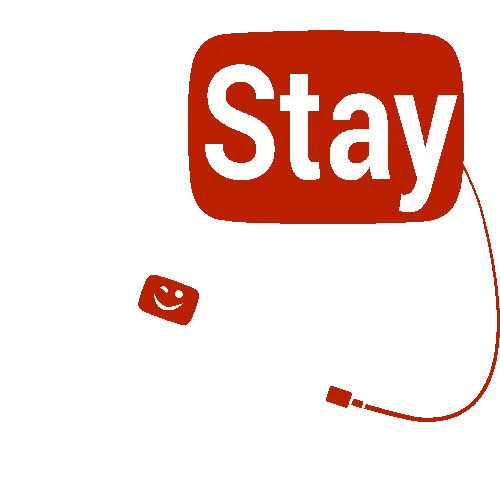 Rotes Logo mit dem Wort "Stay" und einem kleinen lächelnden Gesicht, das per Linie verbunden ist.