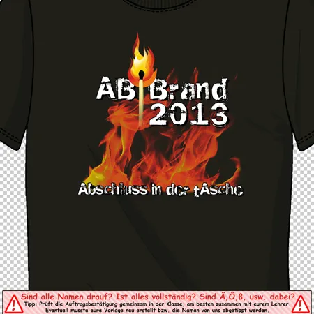 Schwarzes T-Shirt mit Feuergrafik und Text "ABI Brand 2013, Abschluss in der Tasche".