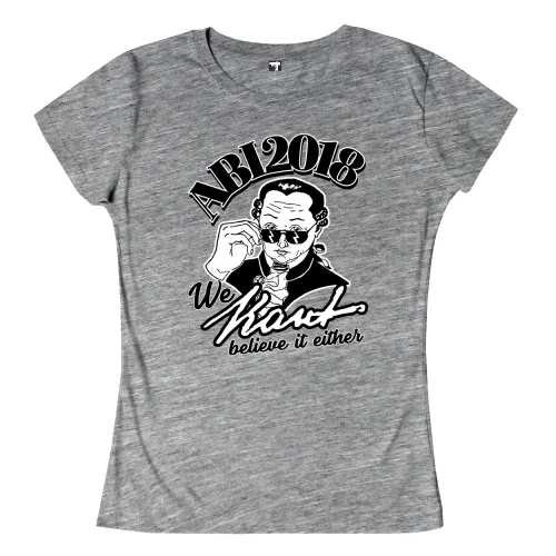 Graues T-Shirt mit dem Schriftzug "ABI 2018" und einer Karikatur, die Brille anpasst.
