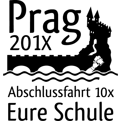 Design für ein T-Shirt zur Abschlussfahrt mit Prags Silhouette, Jahreszahl 201x und Schriftzug 'Abschlussfahrt 10x'.