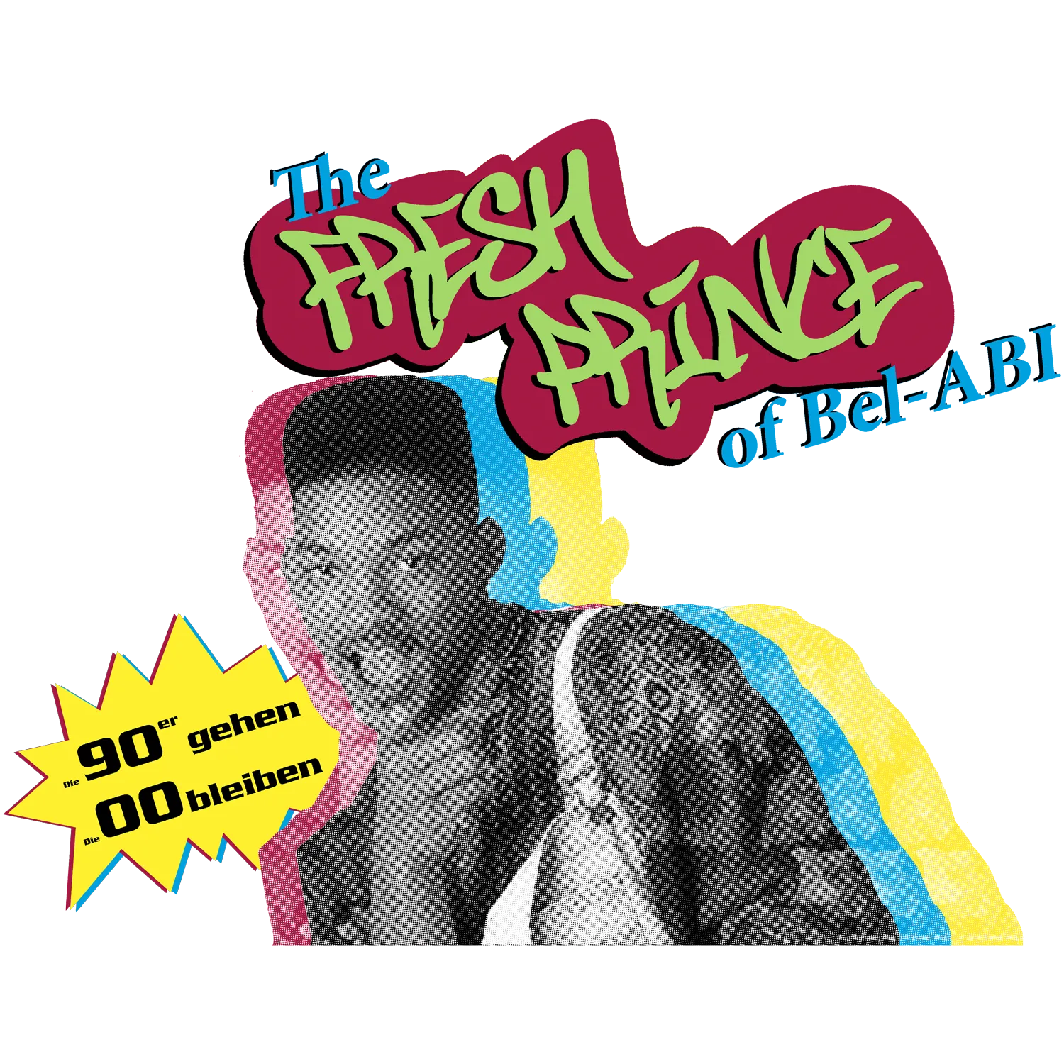 Fresh_Prince_Retro_Style Bildcollage mit junger Person, 'The Fresh Prince' Graffiti, bunten Grafiken und Sprechblasen mit Text '90er gehen, 00 bleiben'.