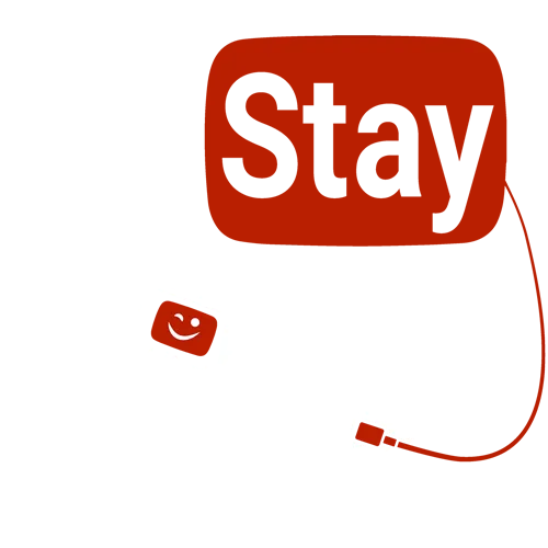 Rot-weißer Text "You Stay" über einer Handy-Abbildung mit Text auf dem Display.