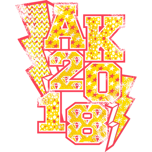 Buntes, grafisches Design "AK 2018" mit geometrischen Mustern auf dunkelblauem Hintergrund.