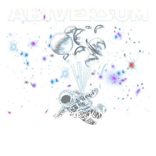 Astronaut mit Luftballonen im Weltraum, Text "Abiversum, 13 Jahre Flug ins Ungewisse"
