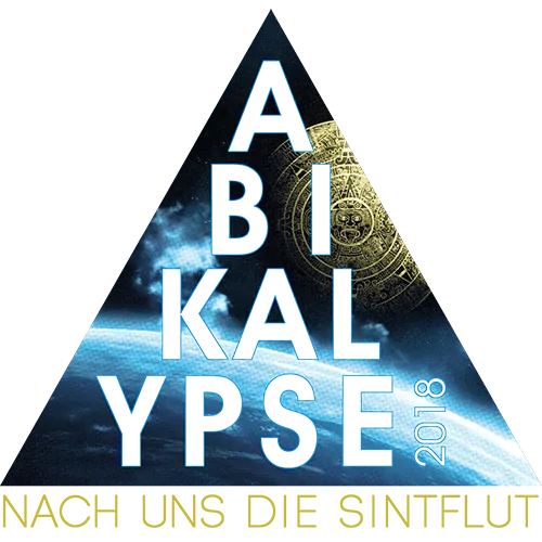 Dreieckiges Design mit den Worten "ABI KALYPSE 2018", Weltraum und Bitcoin, "Nach uns die Sintflut" am unteren Rand.