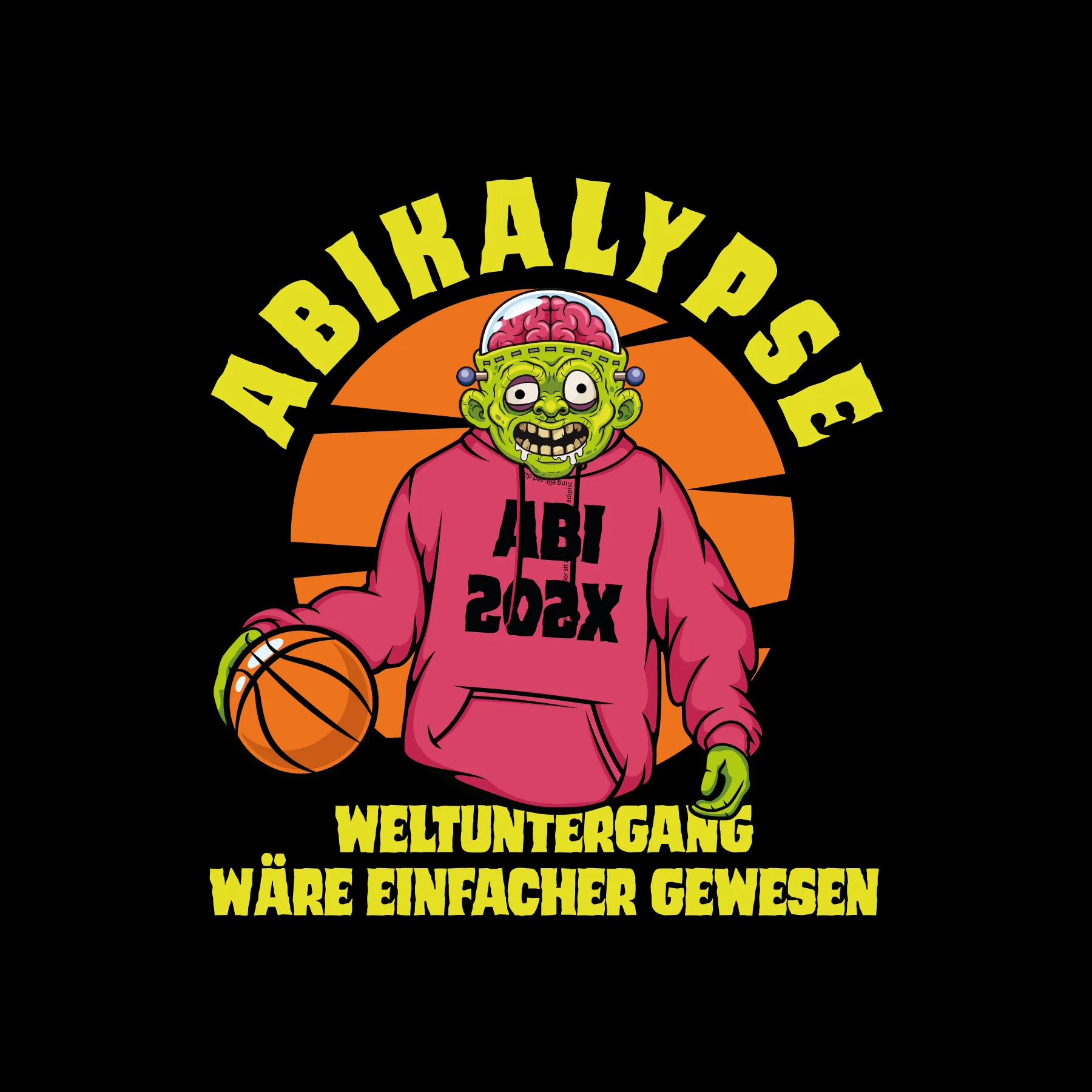 Gruene Zombiefigur in rosa Hoodie ABI202X mit freigelegtem Gehirn haelt Basketball vor orange Sonne Abikalypse Weltuntergang waere einfacher gewesen