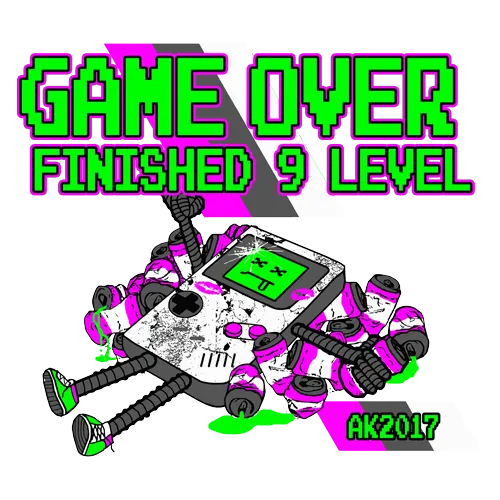 Illustration eines zerbrochenen Roboters mit dem Text "GAME OVER FINISHED 9 LEVEL".