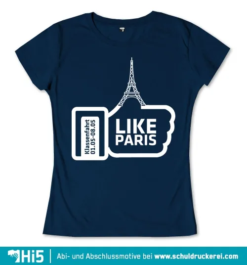 Grafik eines Like-Symbols mit integriertem Eiffelturm und Datum auf blauem Hintergrund.