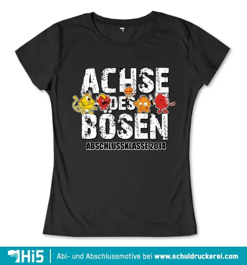 t-Shirt Design mit Text "Achse des Bösen, Abschlussklasse 2014" und Cartoon-Viren.