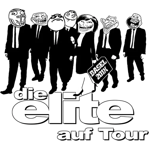 Gruppe von Menschen in Anzügen mit Meme-Gesichtern auf blauem Hintergrund, Text unten sagt "die elite auf tour".