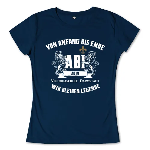 Dunkelblaues T-Shirt-Design mit zwei Löwen, die die Buchstaben AB halten, Text "Von Anfang bis Ende. Wir bleiben Legende" und "2019".