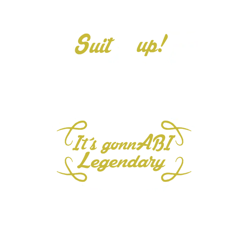 Grafisches T-Shirt-Design mit einer stilisierten weißen Anzugjacke und gelber Text "Suit up!" oben, "It's gonna be legendary" unten.