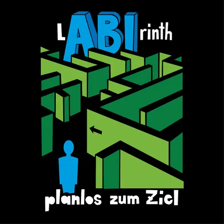 Grafik eines grünen 3D-Labyrinths mit blauer Figur und Text "LABIrinth planlos zum Ziel".